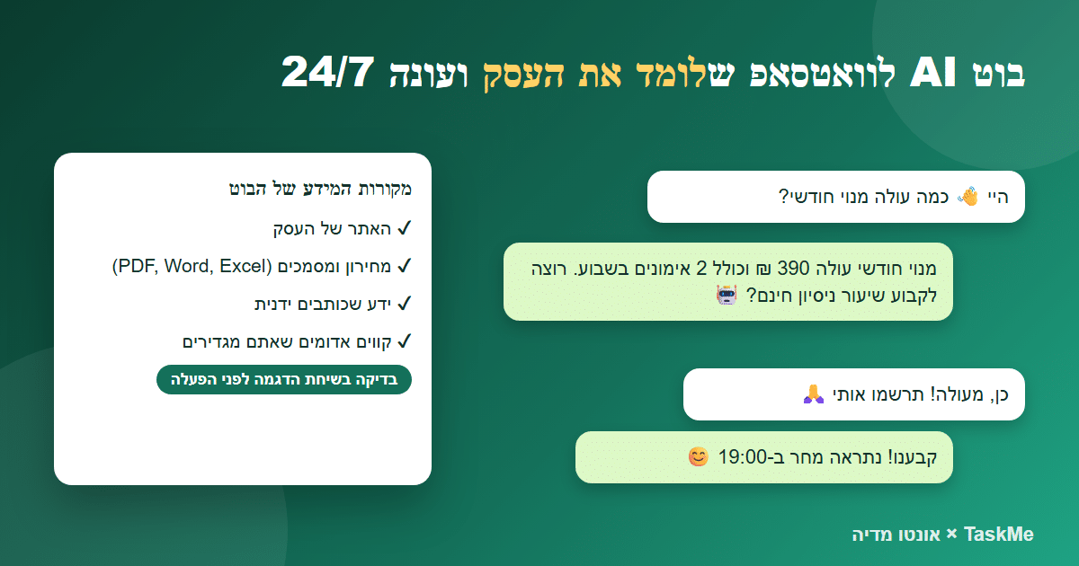 בוט AI לוואטסאפ של TaskMe לומד את העסק ועונה ללקוחות 24/7